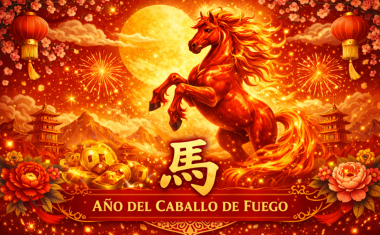 Ilustración del Año Nuevo Chino 2026, Caballo de Fuego en tonos rojos y dorados, símbolo del horóscopo chino y la astrología china.