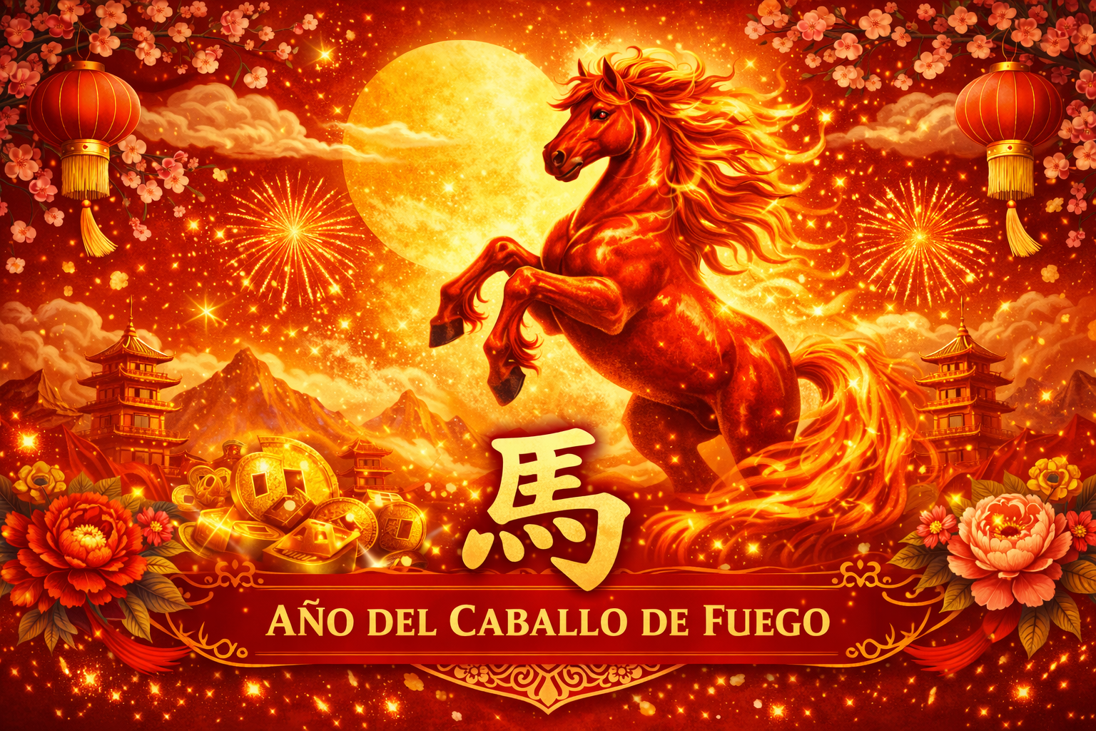 Ilustración del Año Nuevo Chino 2026, Caballo de Fuego en tonos rojos y dorados, símbolo del horóscopo chino y la astrología china.