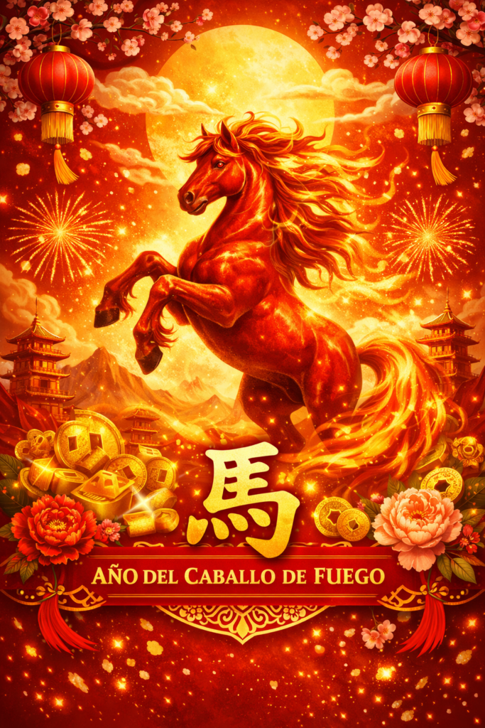 Imagen del Año del Caballo de Fuego 2026 con colores rojos y dorados, representación del horóscopo chino y la energía de la astrología china.