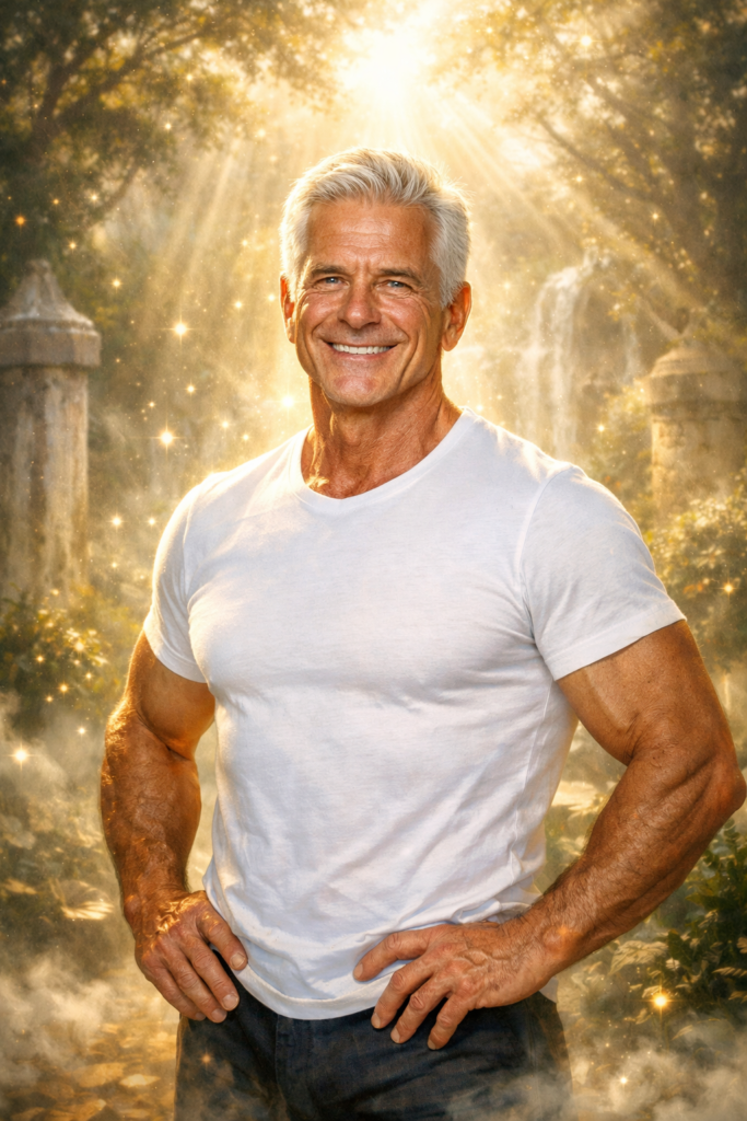 Ritual potencia sexual masculina Hombre saludable y fuerte de 65 años rodeado de luz mística representando el vigor varonil y la energía vital masculina